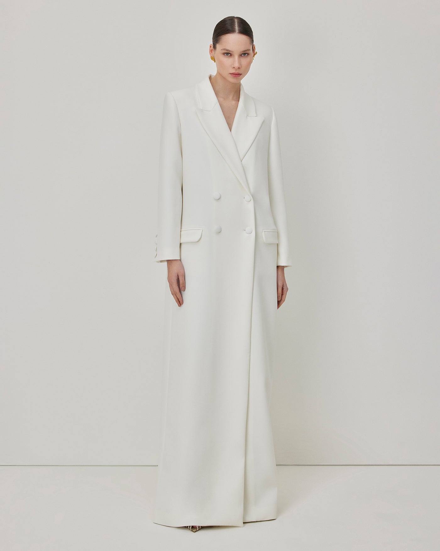 maxi tuxedo dress Leonie Coat | White Print Elenzga Plus Size Women's long sleeves smarttag_size_in_stock:XS Color:Terra Navy
